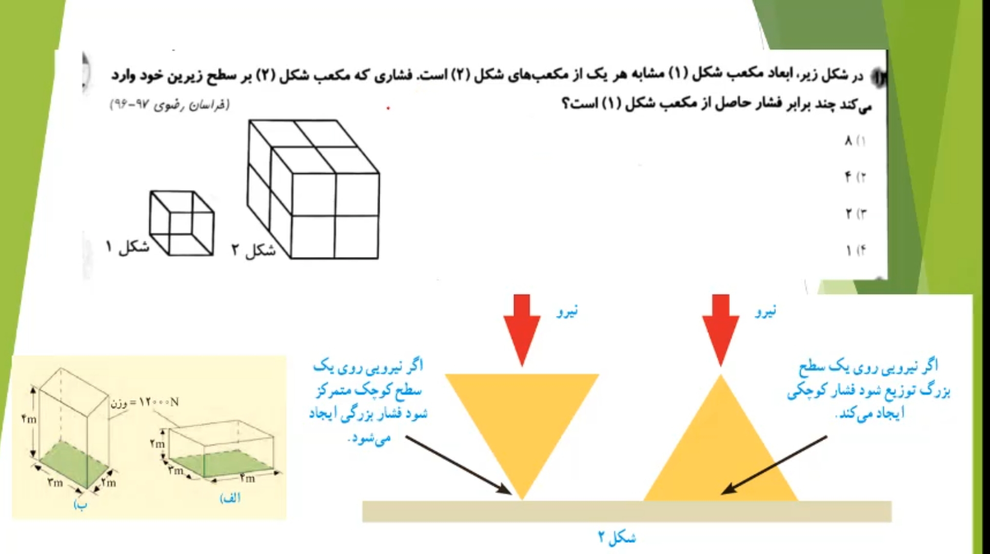 حل تست ورودی نمونه وتیزهوشان . سوال پرتکرار فشار